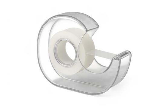 Clear tape dispenser holding adhesive tape on transparent background