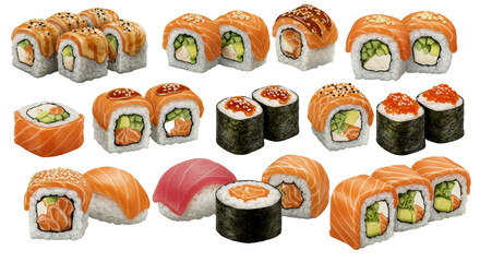 Assortment of Fresh Sushi Rolls with Salmon and Various Fillings