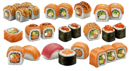 Assortment of Fresh Sushi Rolls with Salmon and Various Fillings