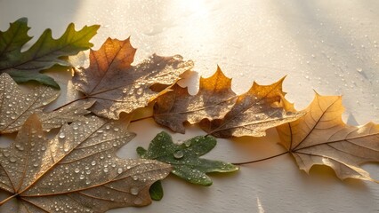 Dew-Covered Maple and Oak Leaves Border on Light Beige Background,