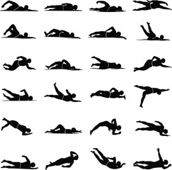 Swimming silhouette icons, freestyle stroke, butterfly stroke, breaststroke, backstroke, aquatic training, swimmer movement poses, sports exercise, fitness illustration,