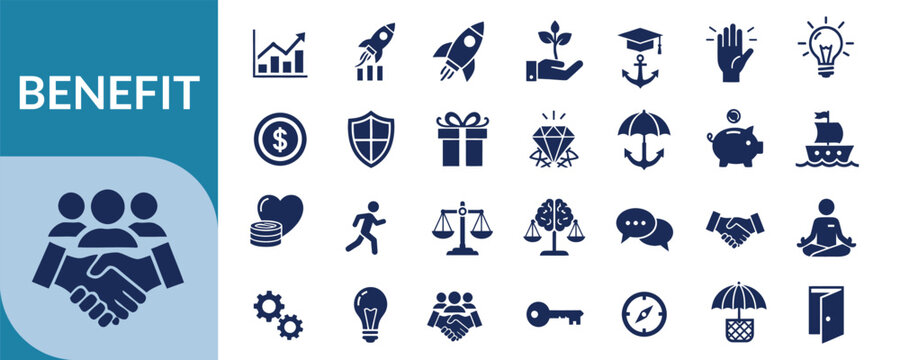 Collection of blue business and finance icons representing growth success and opportunities on a light blue background