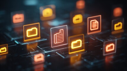 Abstract network grid with files and folders, futuristic software interface, digital document management system, store, search and organize documents, corporate business, paperless office