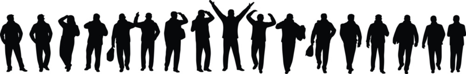 Black silhouette people poses collection, standing human figures, abstract posture design, diverse body gestures, vector illustration, isolated characters, minimal style, creative stock art