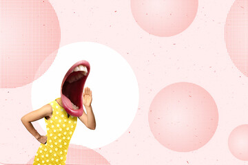 Bright surreal art collage of a woman with a screaming mouth instead of a head. Concept of communication, loud announcement, special offer and expressive message.