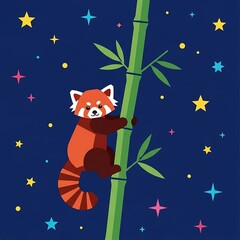 Red Panda Climbing Bamboo at Night.