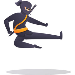 Black Ninja Character in Mid Air Kick Pose Wearing Dark Ninja Suit with Orange Sash and Sword on Transparent Background