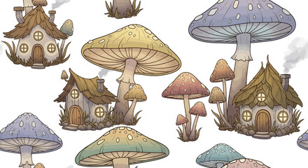 Whimsical Mushroom Houses and Fungi in a Delightful Cartoon Illustration