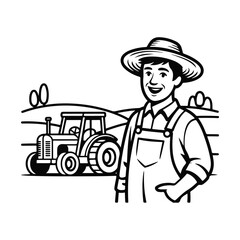 Obraz premium Farmer with Tractor in Field Line Art Illustration for Agricultural Themes