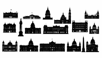 Obraz premium Collection of architectural silhouettes of buildings, structures in black, varying in shape and style