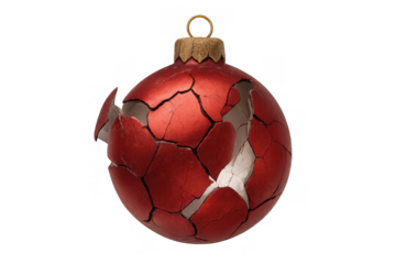 Shattered red christmas ornament symbolizing fragility and holiday stress, breaking apart on transparent background