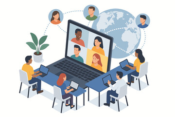 Diverse team engaged in global online meeting with virtual conference technology