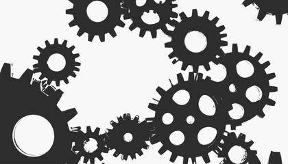 A grayscale, graphic design of meshing mechanical gears over a white background