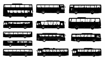Silhouetted views of diverse public transit vehicles on white background