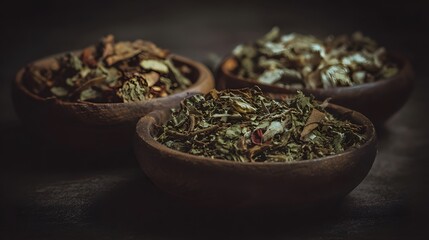 Fototapeta premium taste. Artisanal collection of dried herbs and spices in wooden bowls, emphasizing natural culinary ingredients. menu design.