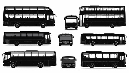 Black bus illustrations in various perspectives, including double-decker, coach, and different frontal views © Maya