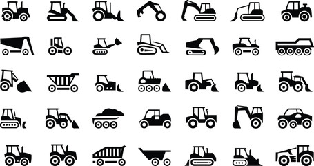 Black outline icons of construction vehicles, tractors, excavators, bulldozers, dump trucks, heavy machinery equipment for industrial, engineering, and building design projects