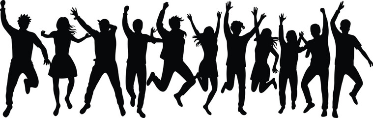 Silhouette, people, jumping, celebrating, group, teamwork, unity, success, happiness, energy, freedom, motion, fun, lifestyle, fitness, friends, party, dance, victory,