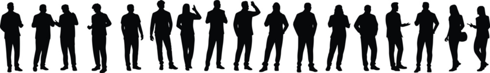 Silhouette people standing poses, diverse human figures, group of men women, business casual posture, crowd illustration, teamwork concept, vector design, black outline characters