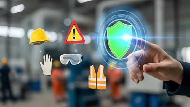 Workplace safety protection icons with digital shield selection