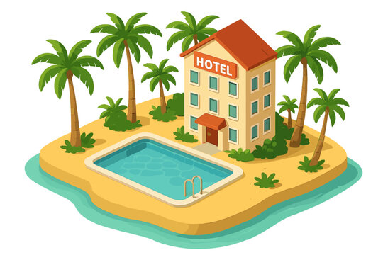 Tropical island hotel with swimming pool surrounded by palm trees and ocean