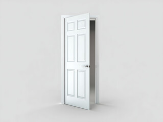An open white sixpanel door isolated on white background