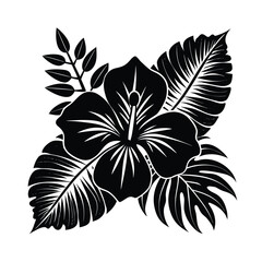 Black and white hibiscus flower with tropical leaves in a stylized illustration