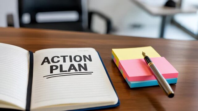 Action plan notebook with pen and sticky notes on office desk
