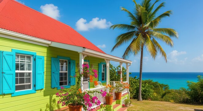 Vibrant Caribbean getaway home with ocean views and colorful flowers ready for your next vacation or real estate ad
