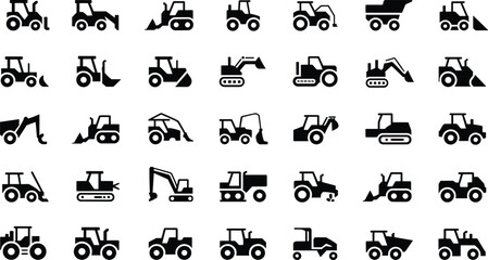 Silhouette collection of construction vehicles, tractors, bulldozers, excavators, dump trucks, industrial machinery icons for building, heavy equipment, engineering, and architecture
