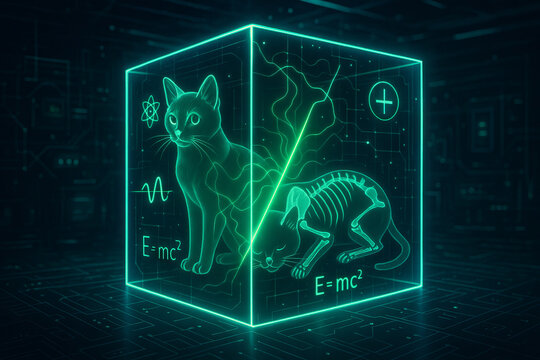 Schrodinger's cat in a cube with neon scientific symbols and formulas illustration. concept of quantum physics, superposition principle, science education