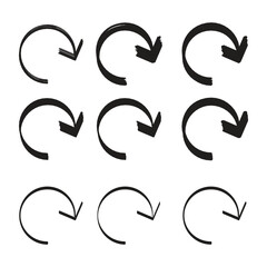 Collection of curved arrows pointing in a circular direction black and white