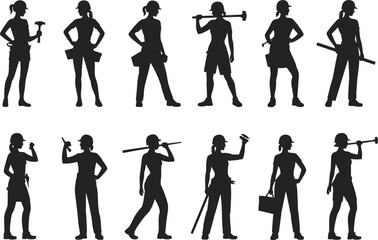 Silhouette of female construction workers with tools, strong women builders posing with equipment, industrial workforce empowerment, gender equality in labor, teamwork