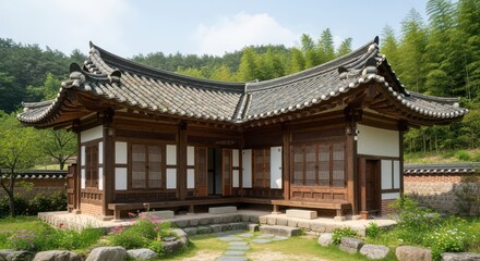 Fototapeta premium Discover serene beauty at an elegant traditional Korean home nestled amidst bamboo forest, perfect for cultural tourism