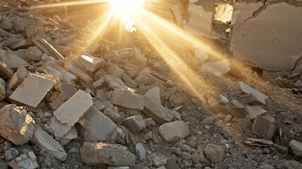 A symbolic scene of light breaking through rubble, representing hope, resilience, and the rebuilding of peace after destruction. Hyperrealistic and dramatic with a focus on transformation.