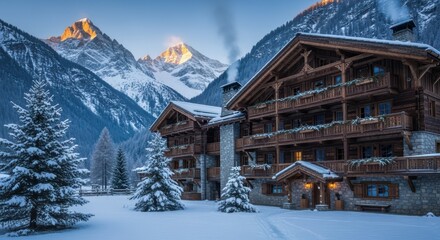 Fototapeta premium Stunning winter wonderland with luxury chalet nestled beneath snow capped mountains at golden hour for travel and lifestyle