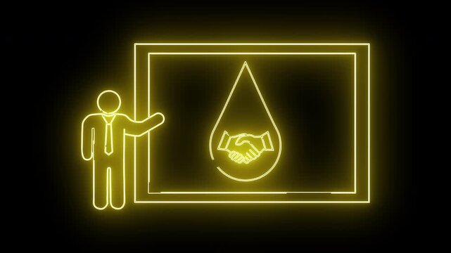 A glowing yellow neon sign shows a person presenting a chart with a handshake inside a water droplet
