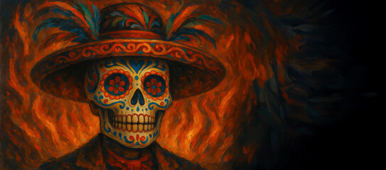 Obraz premium Illustration of sugar skull in flames with vibrant hat and feathers. concept of mexican culture, day of the dead, colorful art, banner, copy space