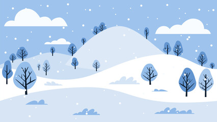 Winter snowy landscape with hills and trees. Winter flat landscape. Vector illustration of a winter daytime landscape with trees, mountains, and hills.