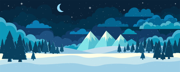 Beautiful winter night landscape with mountains, forest, and moon. Vector illustration of a night winter landscape for design.