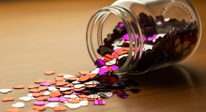 Share the love using these vibrant heart shaped confetti spilling from a jar, perfect for romantic celebrations - Powered by Adobe