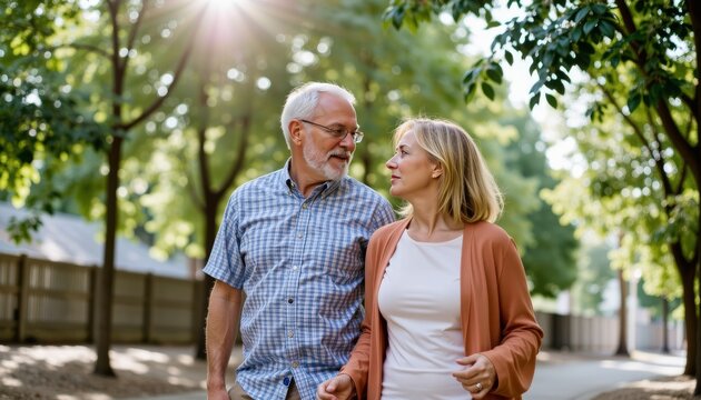 Middle-aged couple walking outdoors in nature leisurely stroll sunny day intimate connection