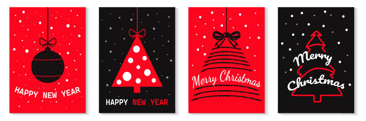 Beautiful red and black Christmas cards with trees and decorations for design. A set of black and red Christmas cards for greetings. A set of vector illustrations for the New Year.