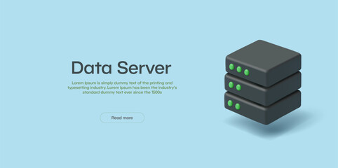 Data server, 3D. Modern minimalistic banner for technology concepts, information storage and processing. Vector illustration.