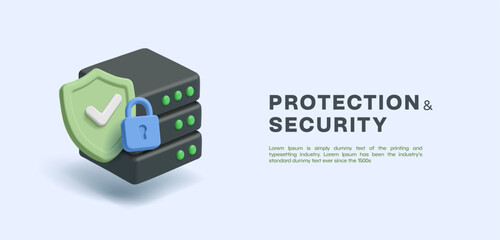 Data protection and security. 3D server, shield, check mark, lock. Storage and cyber security of personal data, information. Vector illustration.