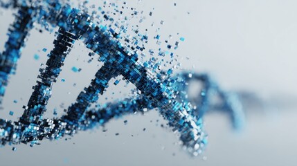 An artistic DNA double helix built from small glowing pixel fragments, like tiny squares of digital light. The pixels float in the air and converge into the DNA structure
