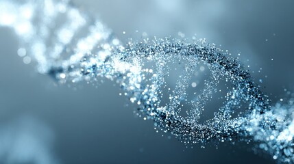 An artistic DNA double helix built from small glowing pixel fragments, like tiny squares of digital light. The pixels float in the air and converge into the DNA structure
