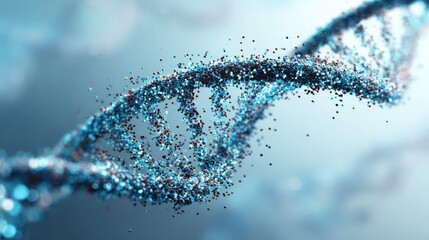 An artistic DNA double helix built from small glowing pixel fragments, like tiny squares of digital light. The pixels float in the air and converge into the DNA structure
