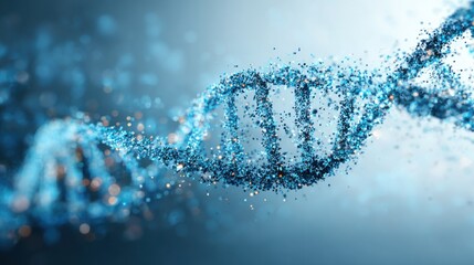 An artistic DNA double helix built from small glowing pixel fragments, like tiny squares of digital light. The pixels float in the air and converge into the DNA structure
