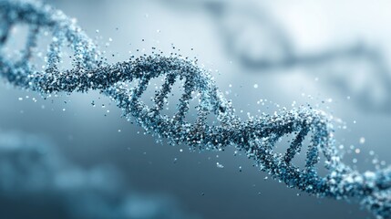 An artistic DNA double helix built from small glowing pixel fragments, like tiny squares of digital light. The pixels float in the air and converge into the DNA structure
